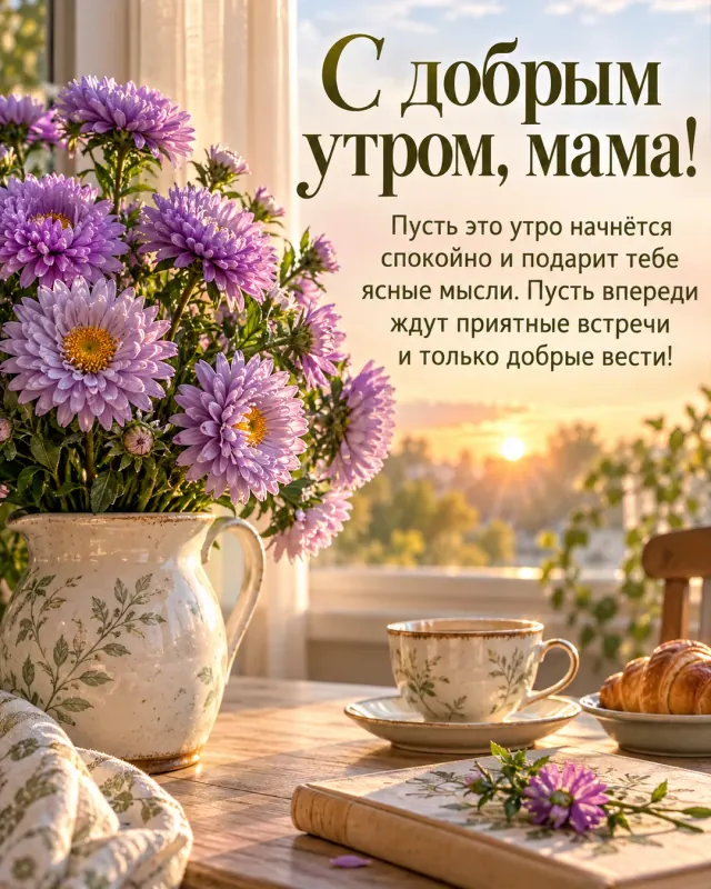 С добрым утром, мама! — пышные сиреневые астры в керамическом кувшине на светлом деревянном столе у окна, первые золотистые лучи рассвета