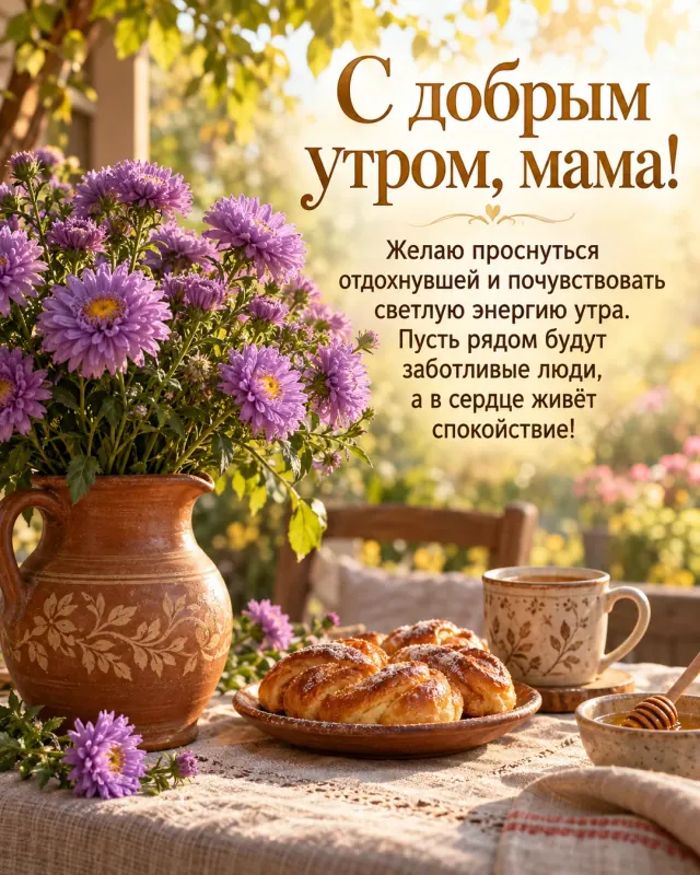 С добрым утром, мама! — пышные сиреневые астры в керамическом кувшине на льняной скатерти рядом с тёплой выпечкой, медовый свет, проходящий сквозь листву