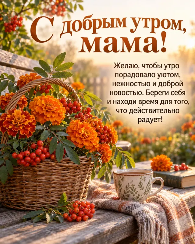С добрым утром, мама! — оранжевые бархатцы и веточки рябины в плетёной корзине на садовой скамье, мягкий персиковый свет раннего утра
