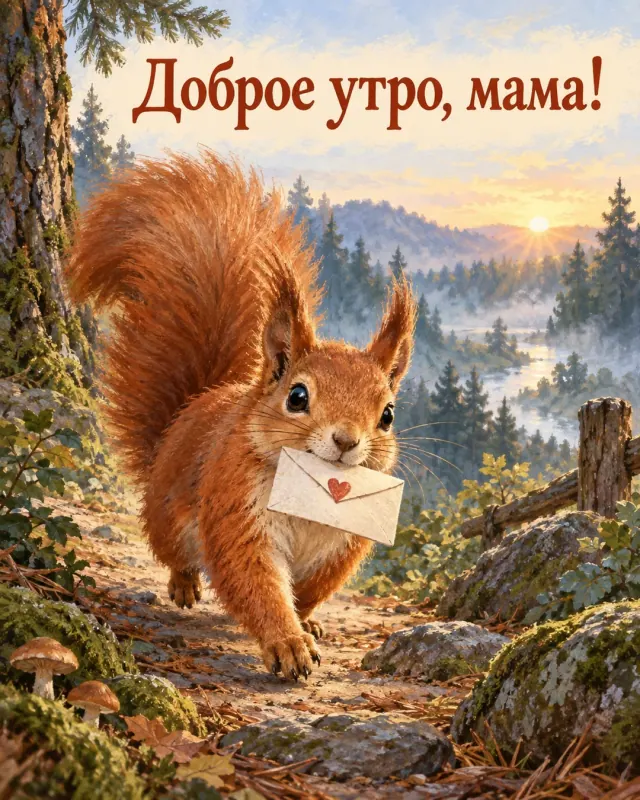 Доброе утро, мама! Рыжая белочка несёт маленький конверт по лесной тропинке на рассвете.