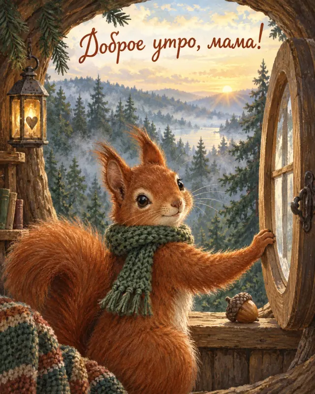 Доброе утро, мама! Белочка в шарфе открывает окно лесного домика на рассвете.