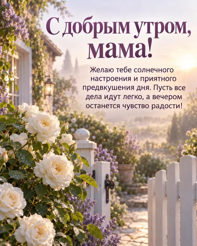С добрым утром, мама! — белые садовые розы с каплями росы у белой калитки уютного дома, рассеянный свет и лёгкая утренняя дымка