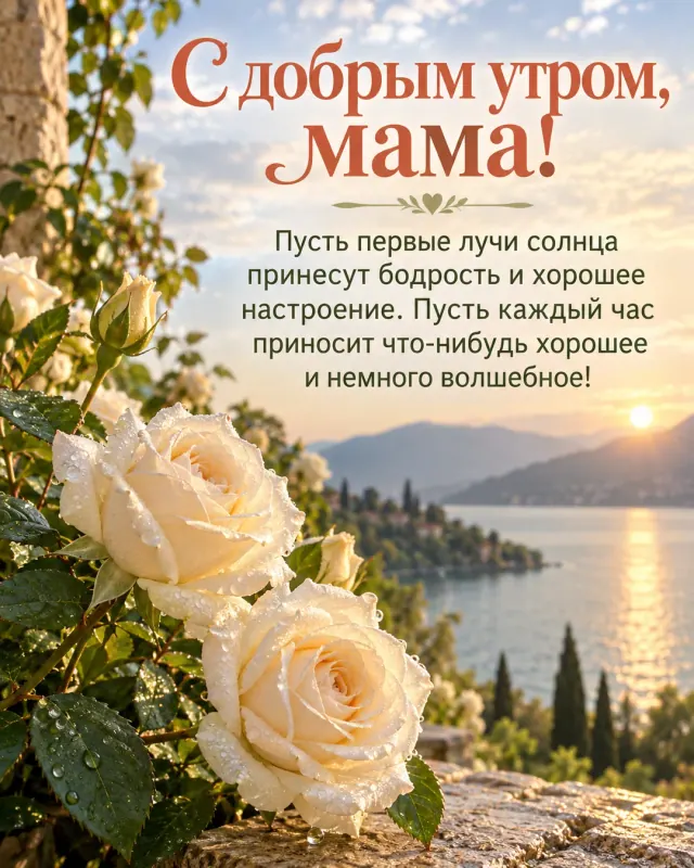 С добрым утром, мама! — белые садовые розы с каплями росы на фоне спокойного озера и далёких холмов, светлое небо после короткого дождя
