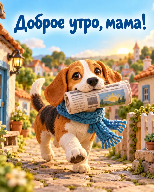Доброе утро, мама! Бигль в синем шарфе несёт утреннюю газету по дорожке между миниатюрными домиками.