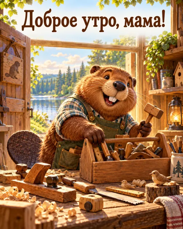 Доброе утро, мама! Бобр открывает мастерскую и раскладывает маленькие деревянные инструменты.