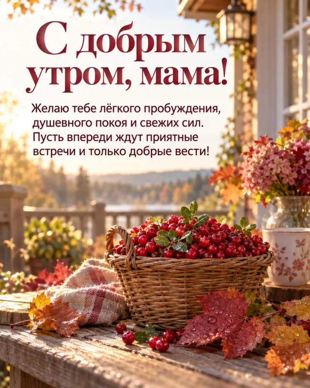 С добрым утром, мама! — корзинка спелой брусники и осенние листья на уютной веранде загородного дома, тёплые солнечные блики и свежая роса