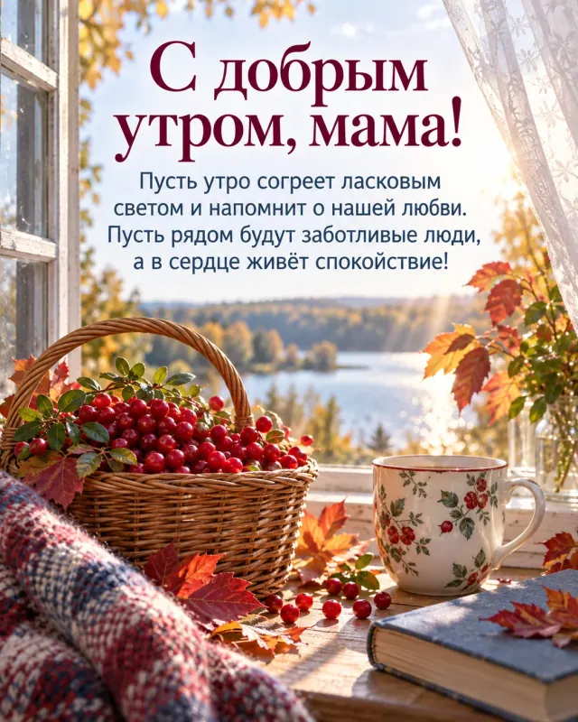 С добрым утром, мама! — корзинка спелой брусники и осенние листья возле открытого окна с лёгкой занавеской, солнечная дорожка и прозрачный воздух