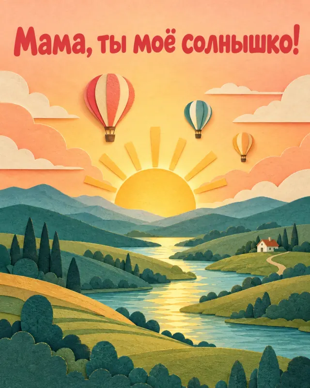 Мама, ты моё солнышко! Бумажный рассвет, река и воздушные шары над холмами.