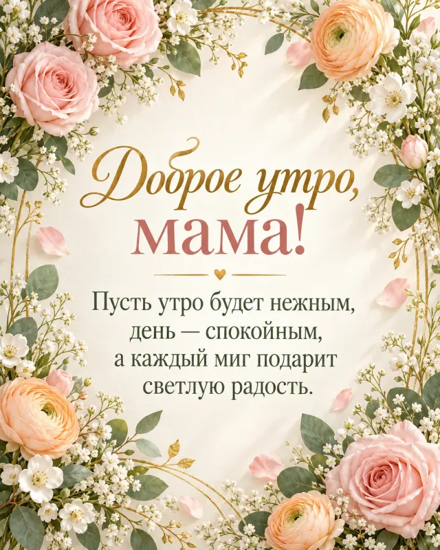 Нежная открытка с добрым утром для мамы, рамка из роз и светлых цветов