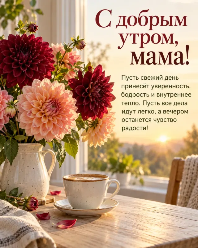С добрым утром, мама! — бордовые и персиковые георгины на светлом деревянном столе у окна, первые золотистые лучи рассвета