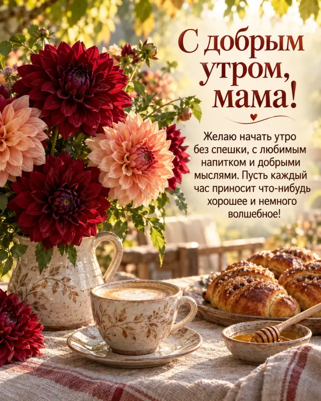 С добрым утром, мама! — бордовые и персиковые георгины на льняной скатерти рядом с тёплой выпечкой, медовый свет, проходящий сквозь листву