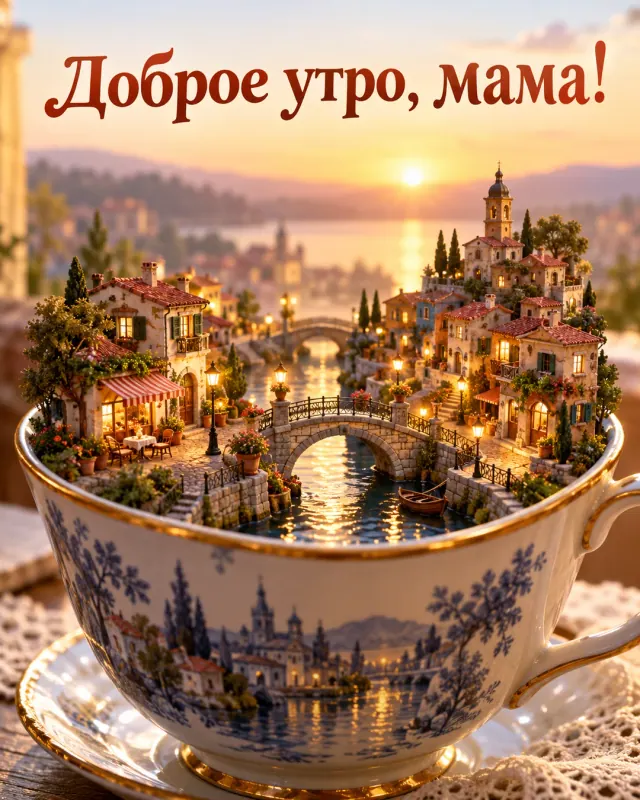 Доброе утро, мама! Крошечный город с мостами и фонарями разместился внутри фарфоровой чашки.