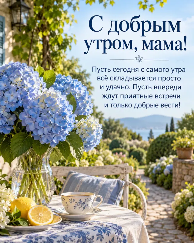 С добрым утром, мама! — голубые гортензии в прозрачной вазе в тихом саду с извилистой дорожкой, ясное утро с нежно-голубым небом