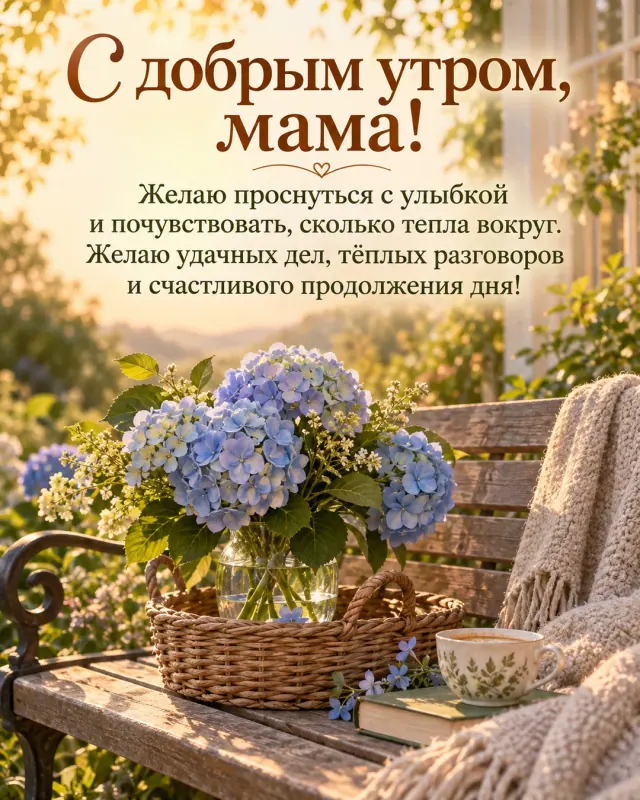 С добрым утром, мама! — голубые гортензии в прозрачной вазе в плетёной корзине на садовой скамье, мягкий персиковый свет раннего утра