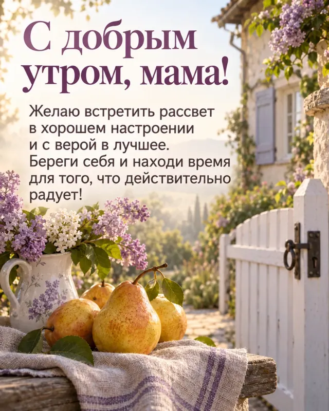 С добрым утром, мама! — золотистые груши на льняной салфетке у белой калитки уютного дома, рассеянный свет и лёгкая утренняя дымка