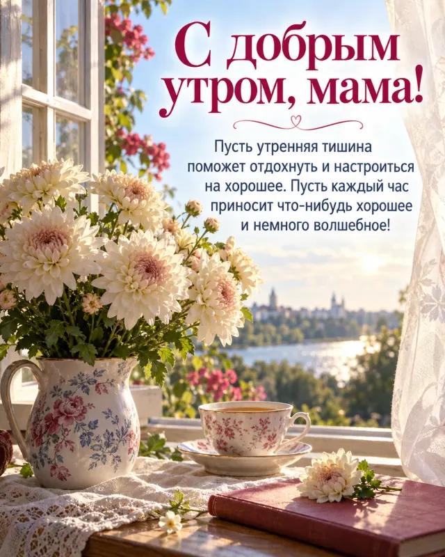 С добрым утром, мама! — нежные кремовые хризантемы возле открытого окна с лёгкой занавеской, солнечная дорожка и прозрачный воздух