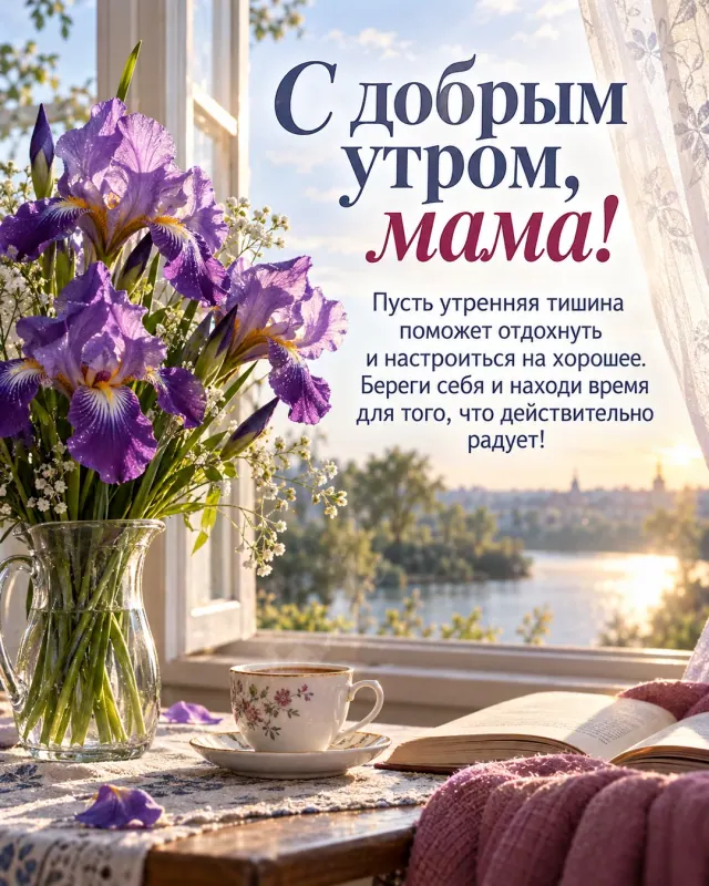 С добрым утром, мама! — фиолетовые ирисы в утреннем свете возле открытого окна с лёгкой занавеской, солнечная дорожка и прозрачный воздух