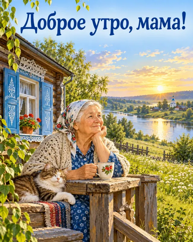 Доброе утро, мама! Деревянный дом с голубыми ставнями стоит у тихой реки и цветущего луга.