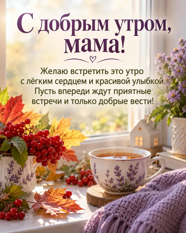 С добрым утром, мама! — яркие кленовые листья и красные ягоды на кухонном подоконнике рядом с чашкой чая, уютный свет нового осеннего дня