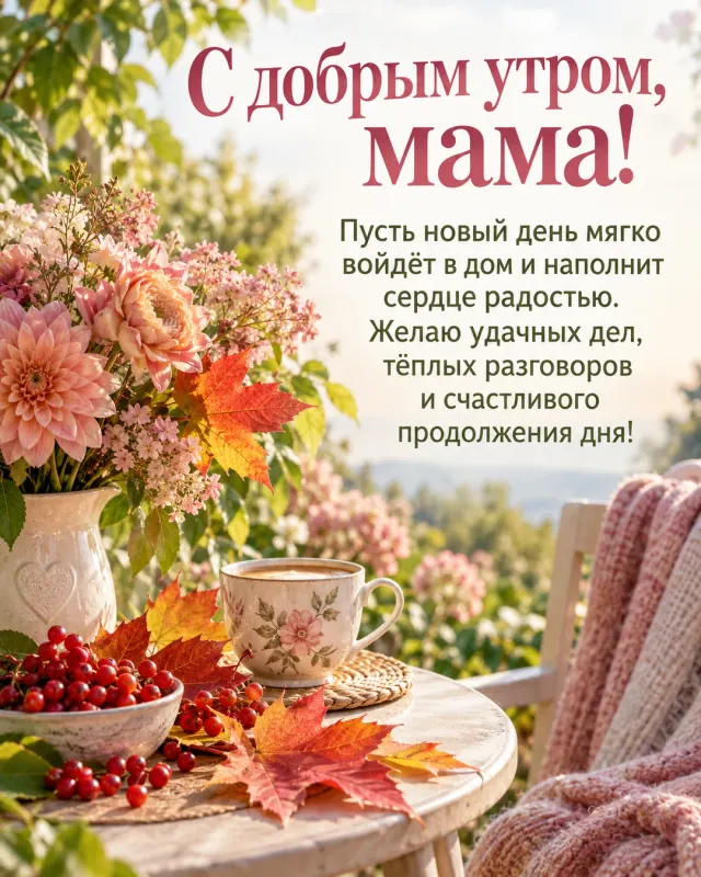 С добрым утром, мама! — яркие кленовые листья и красные ягоды на маленьком столике среди цветущей зелени, спокойное молочное утро без резких теней