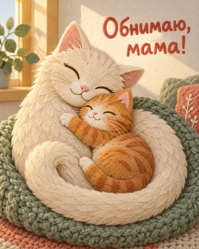Обнимаю, мама! Кошка обнимает котёнка на уютной вязаной подушке.