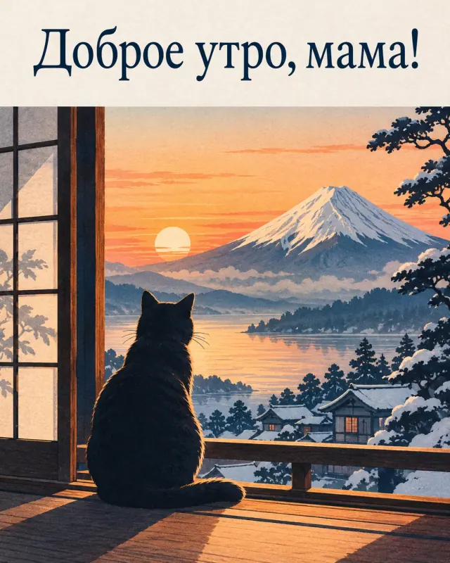 Доброе утро, мама! Силуэт кота сидит у открытого окна, за которым видна снежная гора в рассвете.