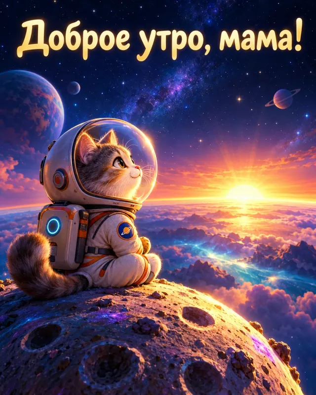 Доброе утро, мама! Кот в круглом шлеме сидит на маленькой планете и смотрит, как восходит солнце.