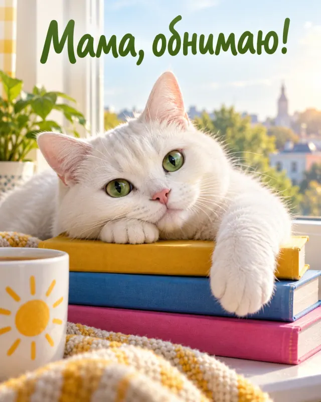 Мама, обнимаю! Белый кот с зелёными глазами устроился на стопке цветных книг у окна.