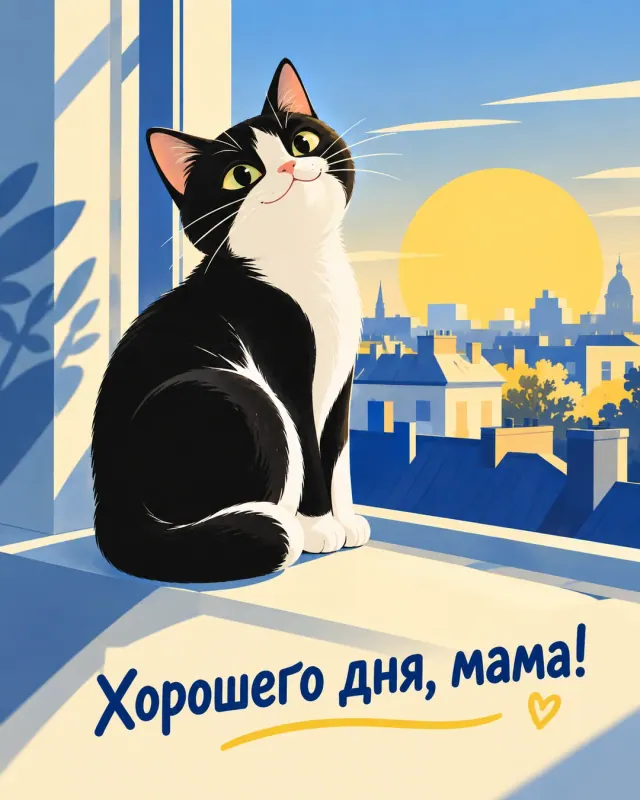 Хорошего дня, мама! Чёрно-белый кот на подоконнике встречает солнце над городом.