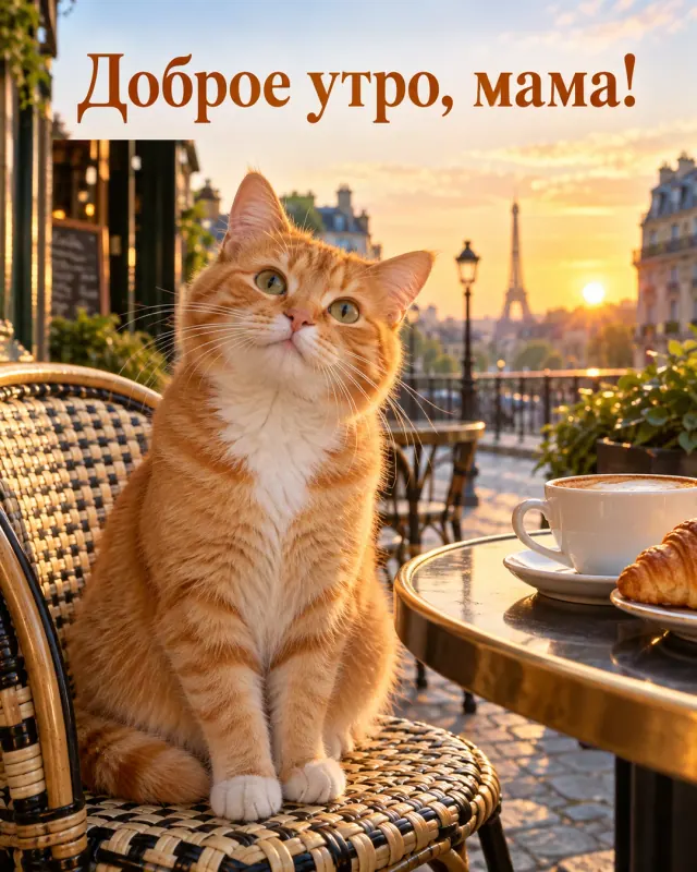 Доброе утро, мама! Рыжий кот сидит на плетёном стуле маленькой парижской кофейни, пока улицу освещает рассвет.