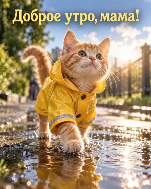 Доброе утро, мама! Рыжий котёнок в жёлтом дождевике шагает по солнечным лужам после короткого дождя.
