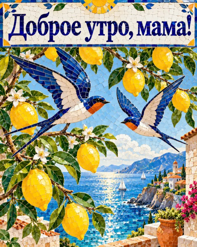 Доброе утро, мама! Две ласточки летят среди веток с жёлтыми лимонами над морем.