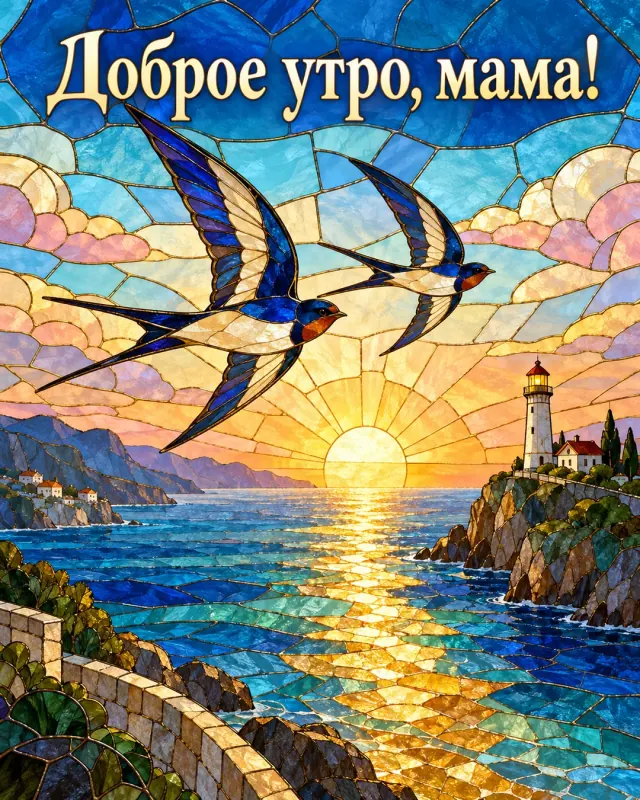Доброе утро, мама! Две ласточки летят над золотой дорожкой рассвета к далёкому маяку.
