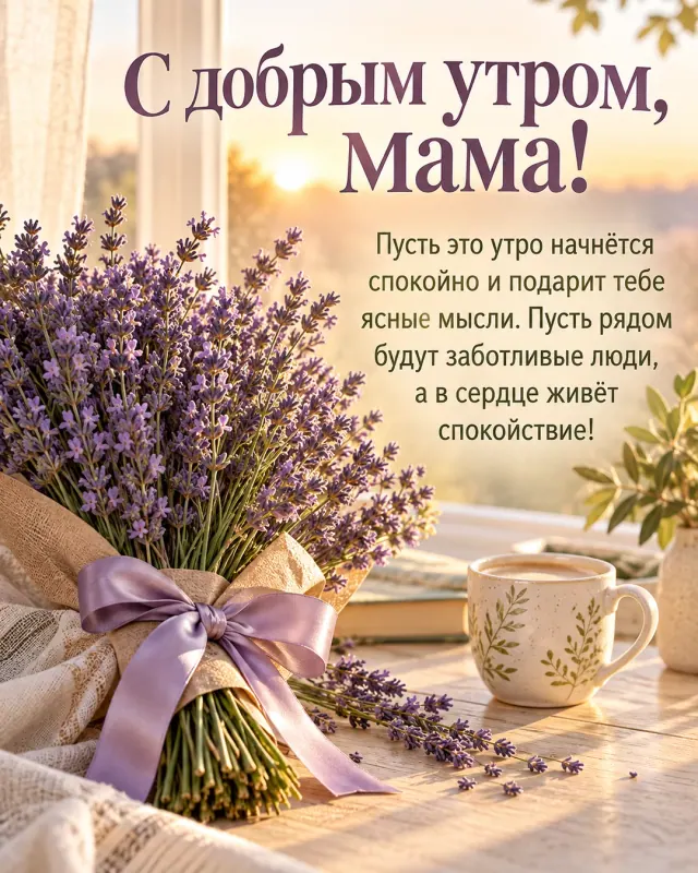 С добрым утром, мама! — ароматный букет лаванды с атласной лентой на светлом деревянном столе у окна, первые золотистые лучи рассвета