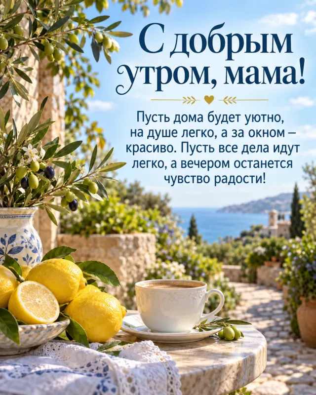 С добрым утром, мама! — лимоны, веточки оливы и белая чашка в тихом саду с извилистой дорожкой, ясное утро с нежно-голубым небом