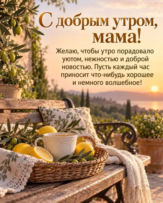 С добрым утром, мама! — лимоны, веточки оливы и белая чашка в плетёной корзине на садовой скамье, мягкий персиковый свет раннего утра