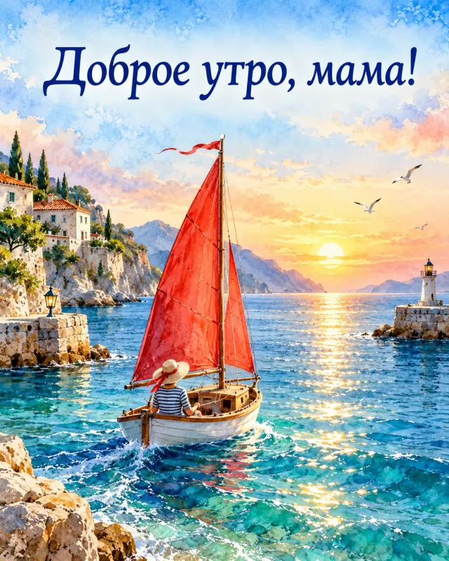 Доброе утро, мама! Небольшая лодка с красным парусом выходит из тихой бухты навстречу солнцу.
