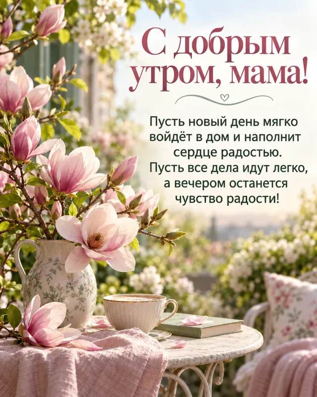 С добрым утром, мама! — ветки цветущей магнолии на маленьком столике среди цветущей зелени, спокойное молочное утро без резких теней