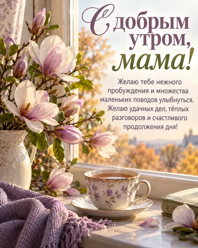С добрым утром, мама! — ветки цветущей магнолии на кухонном подоконнике рядом с чашкой чая, уютный свет нового осеннего дня
