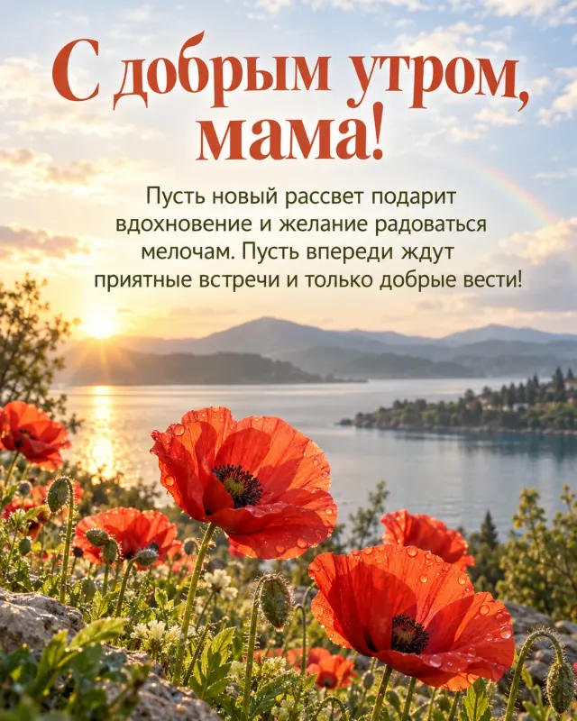 С добрым утром, мама! — алые маки на фоне светлого неба на фоне спокойного озера и далёких холмов, светлое небо после короткого дождя