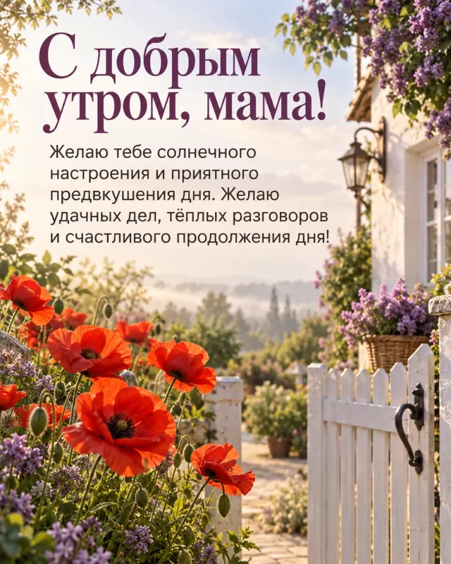 С добрым утром, мама! — алые маки на фоне светлого неба у белой калитки уютного дома, рассеянный свет и лёгкая утренняя дымка
