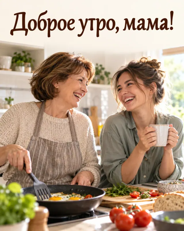 Доброе утро, мама! Мама и взрослая дочь смеются, готовя завтрак на светлой домашней кухне.