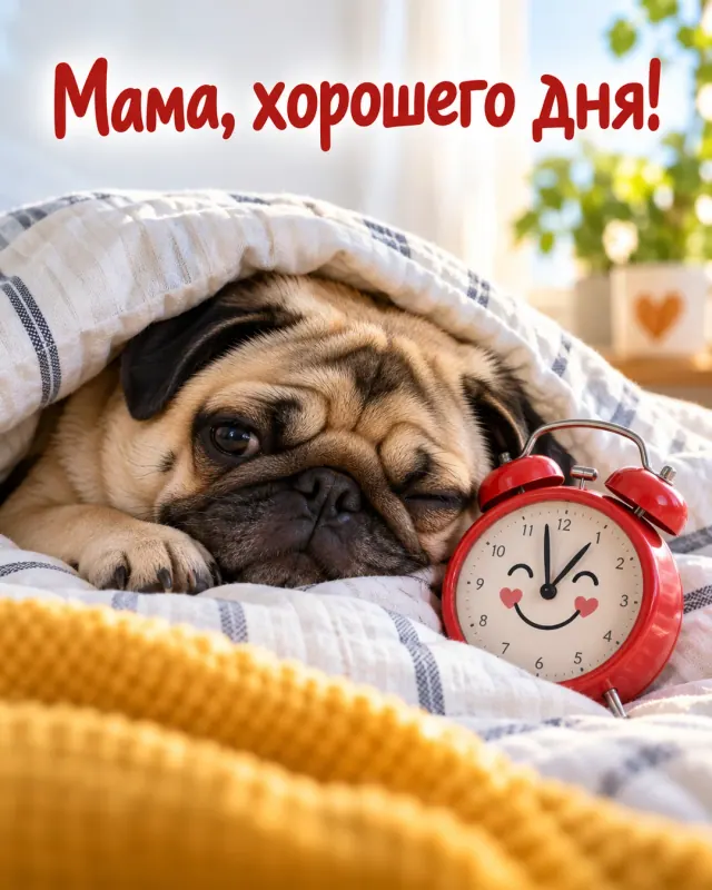 Мама, хорошего дня! Сонный мопс выглядывает из-под одеяла рядом с забавным круглым будильником.
