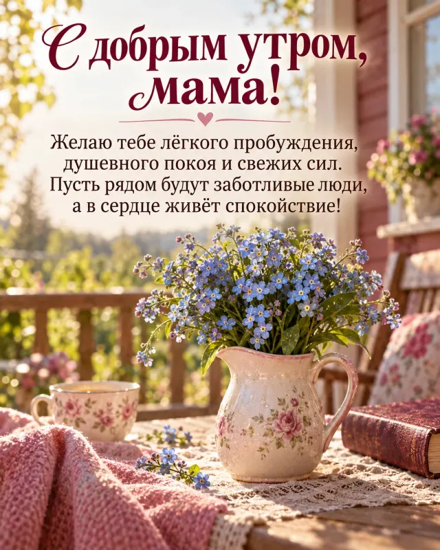 С добрым утром, мама! — голубые незабудки в маленьком кувшине на уютной веранде загородного дома, тёплые солнечные блики и свежая роса