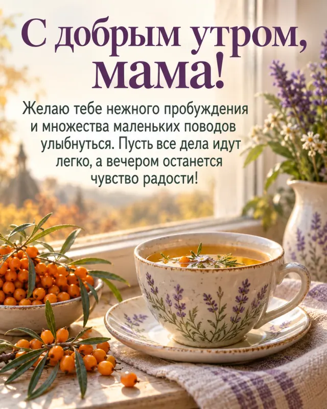 С добрым утром, мама! — веточки облепихи и тёплый травяной чай на кухонном подоконнике рядом с чашкой чая, уютный свет нового осеннего дня