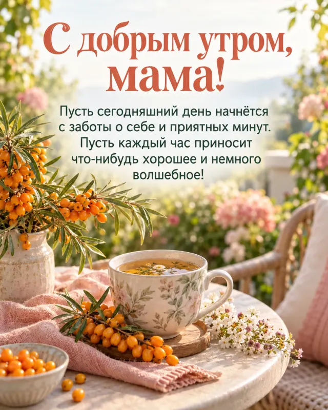 С добрым утром, мама! — веточки облепихи и тёплый травяной чай на маленьком столике среди цветущей зелени, спокойное молочное утро без резких теней