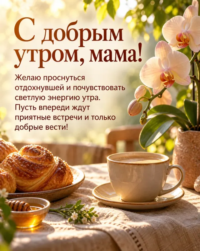 С добрым утром, мама! — нежная орхидея и рассеянный солнечный свет на льняной скатерти рядом с тёплой выпечкой, медовый свет, проходящий сквозь листву