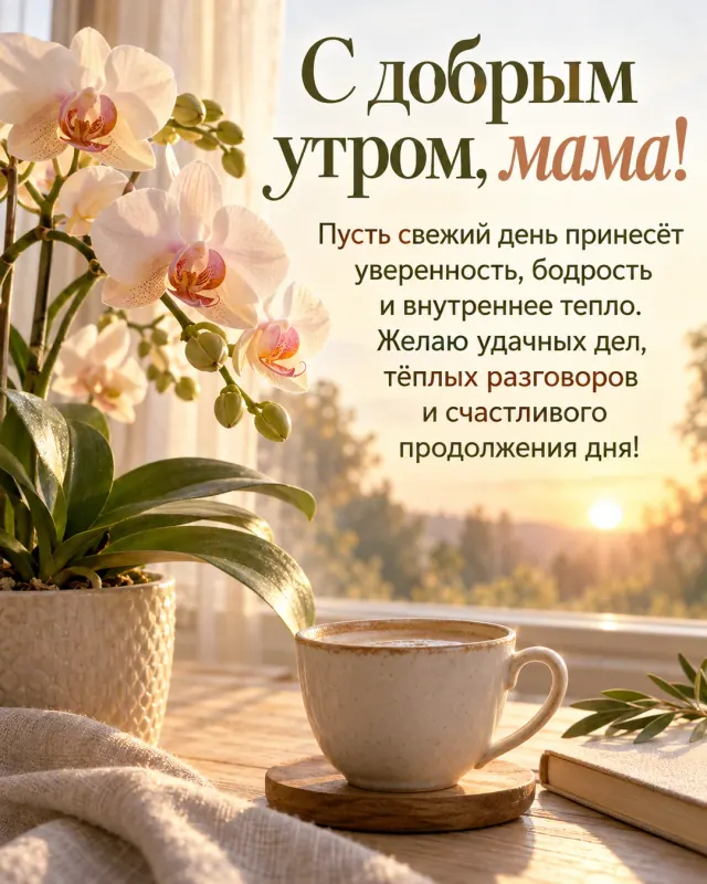 С добрым утром, мама! — нежная орхидея и рассеянный солнечный свет на светлом деревянном столе у окна, первые золотистые лучи рассвета