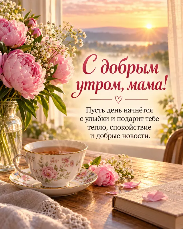 Открытка с добрым утром для мамы, розовые пионы и чашка чая на фоне рассвета