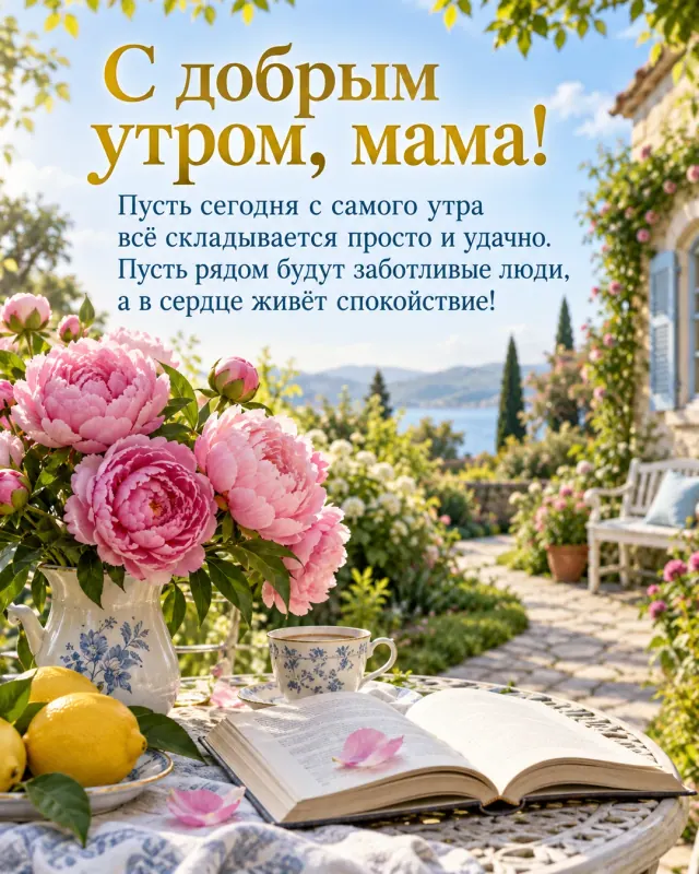 С добрым утром, мама! — розовые пионы и раскрытая книга в тихом саду с извилистой дорожкой, ясное утро с нежно-голубым небом